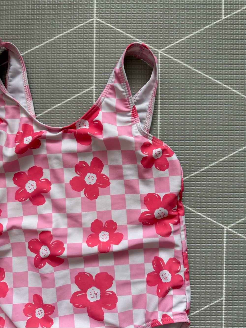 Small shop|Big girl swimsuit,Pink Floral Checkerboard One-Piece Swimsuit,boho•7 - Picture 4 of 7